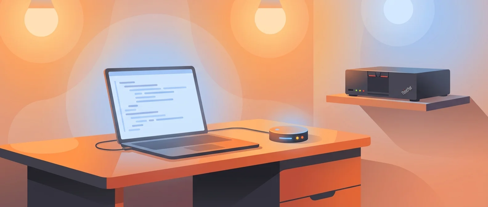 Home automation setup with laptop, smart home hub, and ThinkPad server